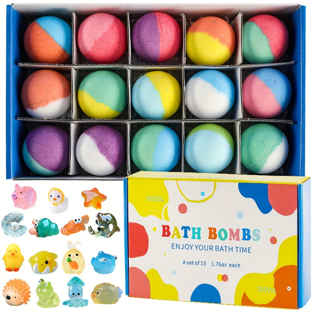 Bath Bombs Gift Set – 15 Pack Multi-Scented Fizzy Bath Balls with Surprise Toy Figures, Skin-Friendly Bath Fizzies for Kids and Adults, Perfect for Relaxation - BoboToys