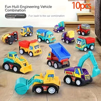 10PCS Cartoon Engineering Vehicles Toy Set – Elastic-Powered Cars for Kids - BoboToys