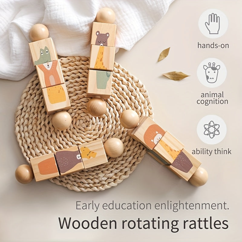 Wooden Rotating Animal Puzzle Toy – Multifunctional Matching Rattle for Toddler Education, Hand-Eye Coordination & Brain Development, Perfect Gift for Kids - BoboToys