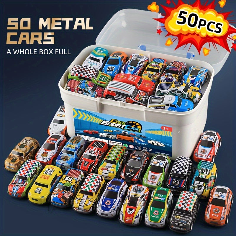 50PCS Mini Pull-Back Toy Cars Set – Colorful Diecast Racing Vehicles with Storage Box, Perfect for Kids' Playtime, Birthday, and Christmas Gifts - BoboToys