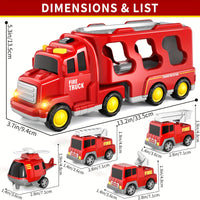 5-in-1 Fire Truck Toy Set – Interactive Carrier with Light & Sound, Friction-Powered Vehicles for Kids, Ideal Birthday Gift for Boys Ages 3-6 - BoboToys